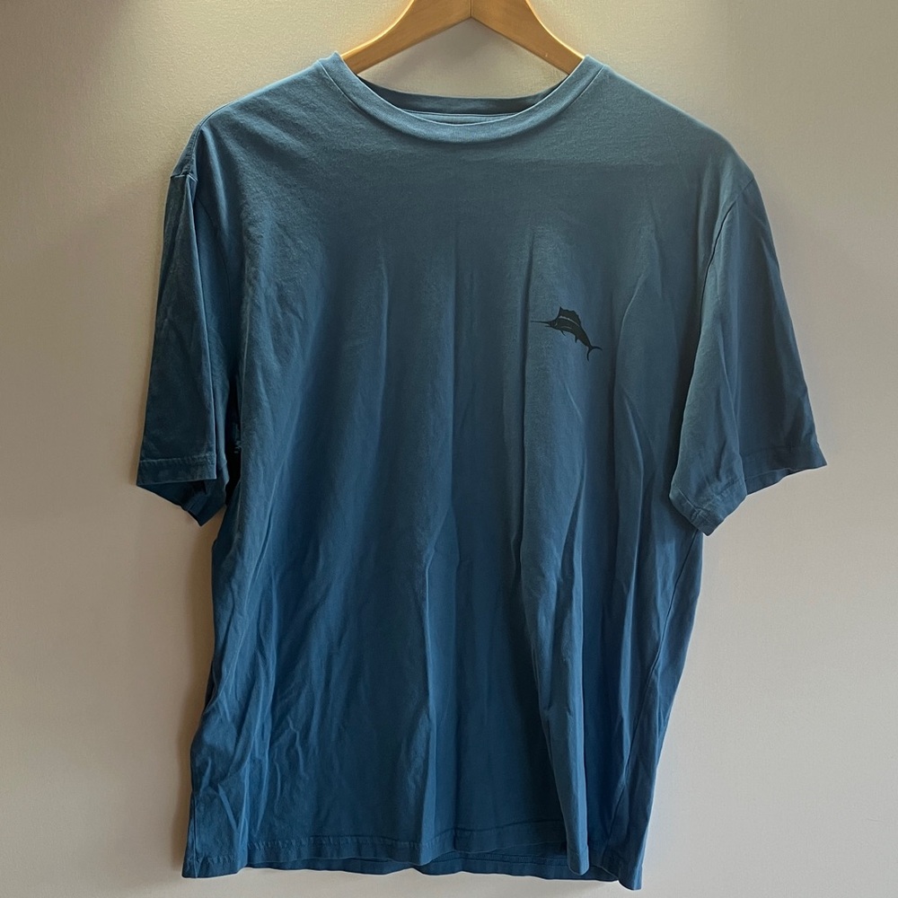 Tommy Bahama Ocean Blue Short Sleeve Tee with Hula Girl Back Design